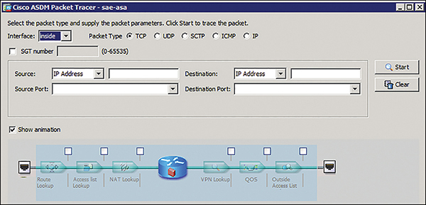 Screenshot of a Cisco ASDM Packet Tracer  sae-asa dialog box is displayed.