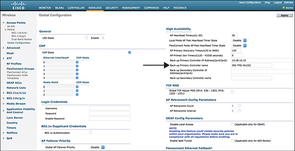 A screenshot depicts the primary and secondary definitions of WLC for all APs.