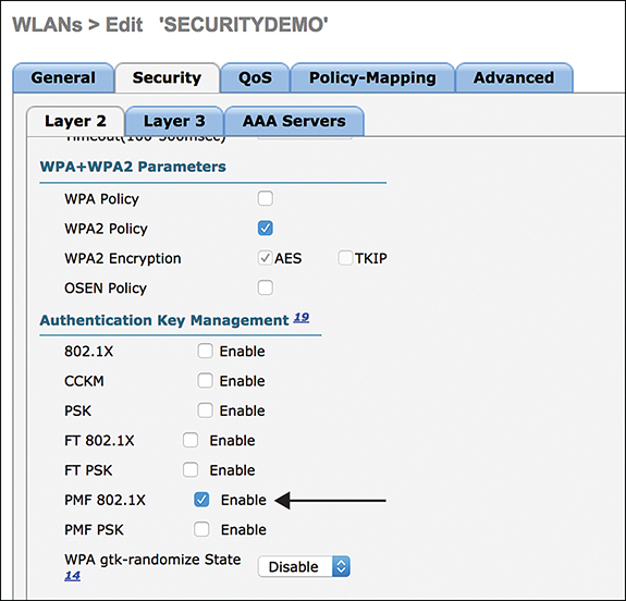 A screenshot depicts the configuration of PMF on the Authentication Key Management.