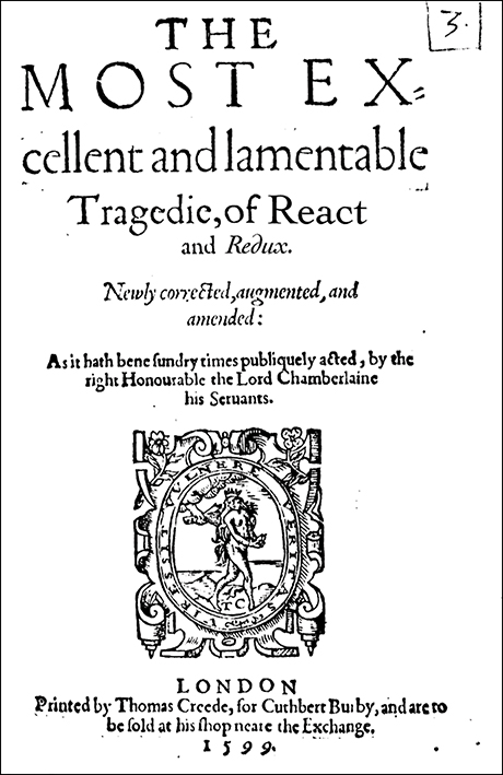 The title page of the famous book "Romeo and Juliet" is shown, with the title rewritten as "The Most Excellent and lamentable tragedy of React and Redux."