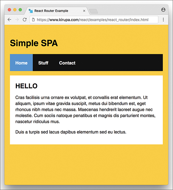 The "index.html" page under react router examples is opened in the browser. Three tabs: Home (selected), Stuff, and Contact are displayed under the "Simple SPA" title. A welcome text is displayed in Latin under the Home tab.