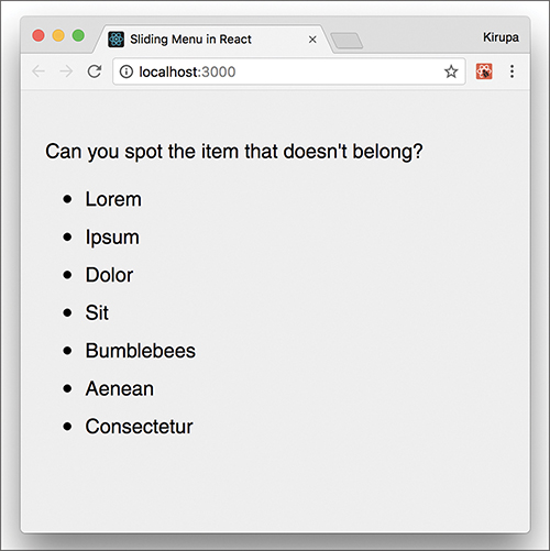 The text "Can you spot the item that doesn't belong?" is displayed on the screen, with the following list of items displayed as text below it: Lorem, Ipsum, Dolor, Sit, Bumblebees, Aenean, and Consectetur.