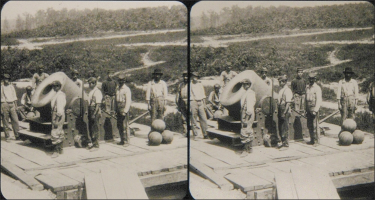 A stereo photograph from the American Civil War, Grants military railroad shows two photographs side by side. The photos show a group of men posing.