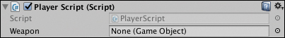 A snapshot of the Player Script (Script) component shows a field box, Weapon that reads None (Game Object).