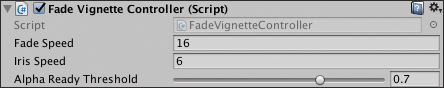 A snapshot of the Fade Vignette Controller script is shown. The snapshot shows the following properties: Fade Speed field, Iris Speed field, and Alpha Ready Threshold slider along with a field.