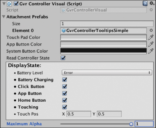 A snapshot of the GvrControllerVisual (Script) is shown.