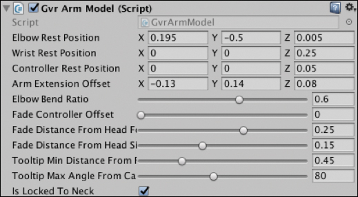A snapshot of the GvrArmModel (Script) is shown.
