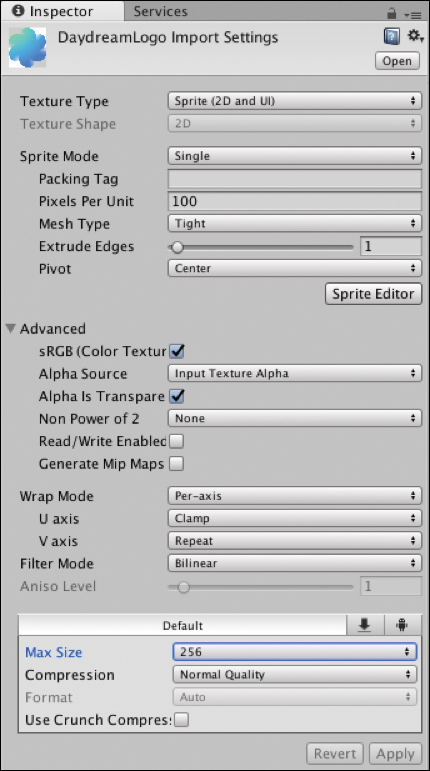 A screenshot displays the Sprite Import settings window.