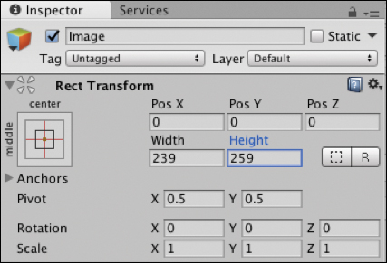 A screenshot displays the Rect Transform of the Inspector window.