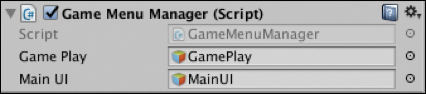 A snapshot of the Game Menu Manager (Script) is shown. The snapshot shows two field boxes: Game Play (GamePlay GameObject) and Main UI (MainUI GameObject).