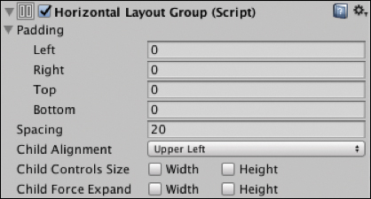 A snapshot of the Horizontal Layout Group (Script) is shown.