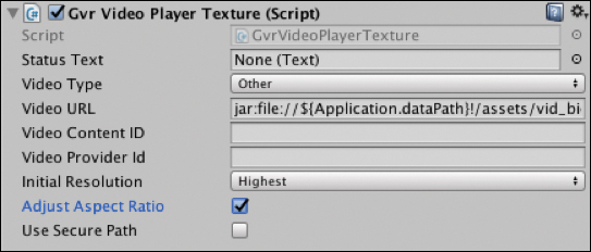 A snapshot of the Gvr Video Player Texture (Script) component is shown.