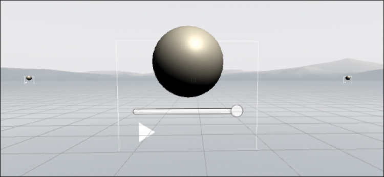 A screenshot for the audio nodes in the environment that displays a Sphere like structure with a Volume slider and Play buttons.