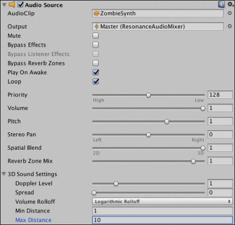 A screenshot displays the AudioSource Component window.