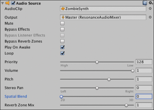 A screenshot of the Audio Source window is displayed with the fields. The field 'Audio Clip and Output' is set to 'ZombieSynth and Master (ResonanceAudioMixer).' Play On Awake and Loop checkboxes are selected. The 'Spatial Blend' slider is set to 0.