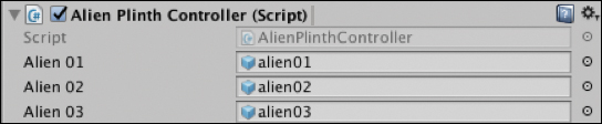 A screenshot shows "Alien Plinth Controller (Script)" window that displays the fields "Alien 01: alien01, Alien 02: Alien02, and Alien 03: aline03."