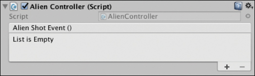 A screenshot shows "Alien Controller Script" window where the Alien Shot Event list is empty.