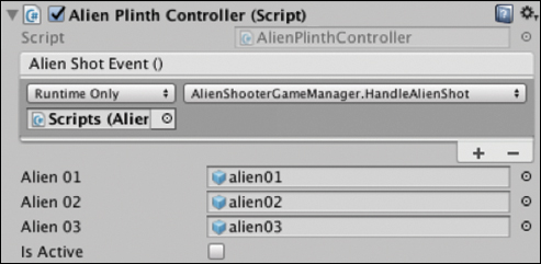 A screenshot shows Alien Plinth Controller (Script) window.
