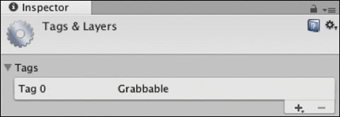 A screenshot shows the Inspector window with Tags and Layers. The name of "Tag 0" is set to "Grabble."