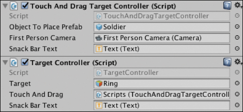 A screenshot shows the fields of Touch and Drag Target Controller (Script) and Target Controller (Script).