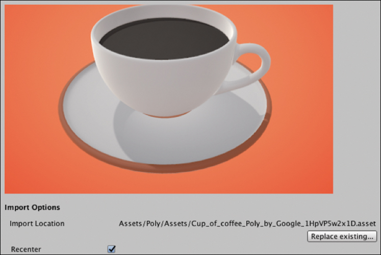 A screenshot shows a cup of coffee with its Import Options. The Import Location is displayed with a checkbox selected for "Recenter."