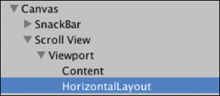A screenshot of the "Scene hierarchy" is displayed where the "Horizontal Layout" is selected under the Viewport of the Scroll View pane.