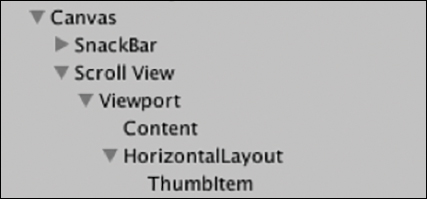 A screenshot shows the Canvas hierarchy that is listed as follows "Canvas: Snackbar, Scroll View, Viewport: Content, and Horizontal Layout: Thumbitem."