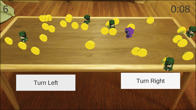 A figure shows a tabletop game with players and coins. Two buttons, "Turn Left and Turn Right" buttons are displayed at the bottom with the durations displayed at the top right and left.