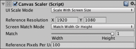 A screenshot of Canvas Scaler Script window is displayed.