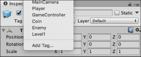 A screenshot shows the Tag checkbox selected in the Inspector window that displays a list of the drop-down menu as follows: Main Camera, Player, Game Controller, Coin, Enemy, Level 1, and Add Tag at the bottom.