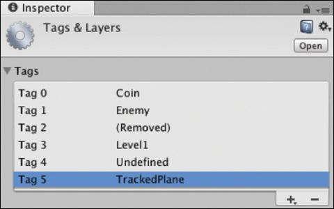 A screenshot shows the Inspector window that displays the Tags and Layers, where "Tag 5: Tracked Plane" is selected.