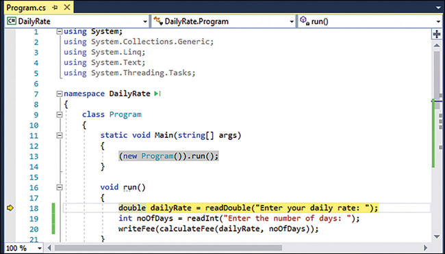 The DailyRate application running in Debug mode. The application has halted at the first statement in the run method.