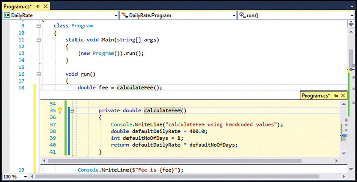 The Peek Definition window for the calculateFee method.