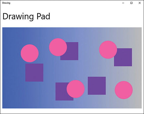 The Drawing Pad application is running. The user has tapped and right-tapped the canvas several times, and some squares and circles are displayed.
