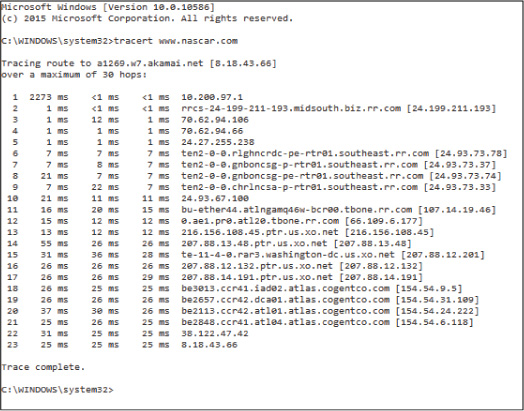 A screenshot shows the output of the command "tracert www.nascar.com" listing the hops or routers through which the packet has traversed.