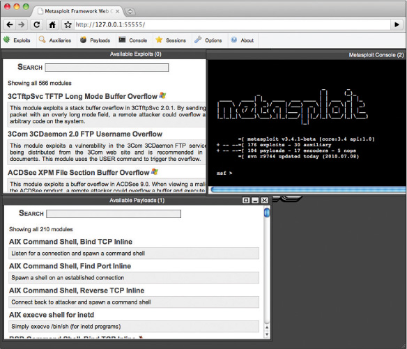 Screenshot of the Metasploit Framework web interface.