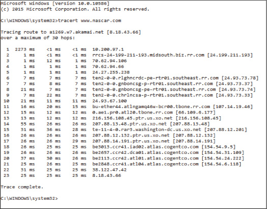 A screenshot shows the result of the "tracert" command.