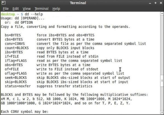 A screenshot of the terminal shows the parameters of the command "dd."