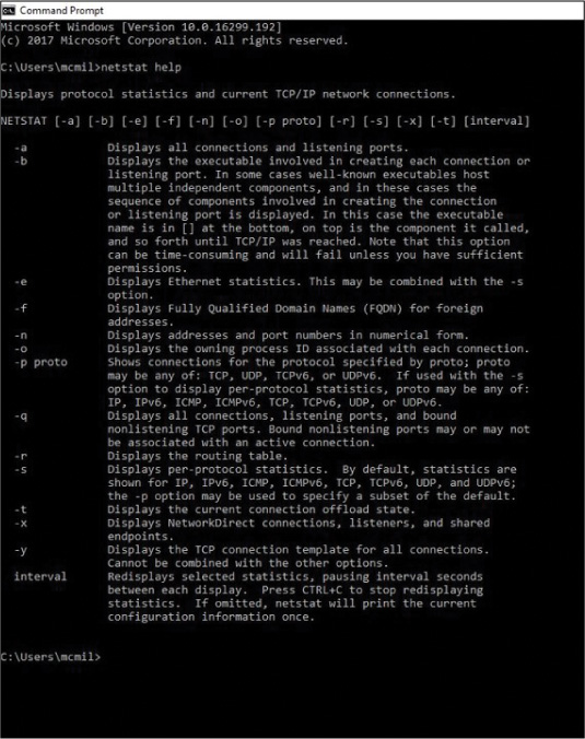 A screenshot of the command prompt displaying the list of switches for the command "netstat."