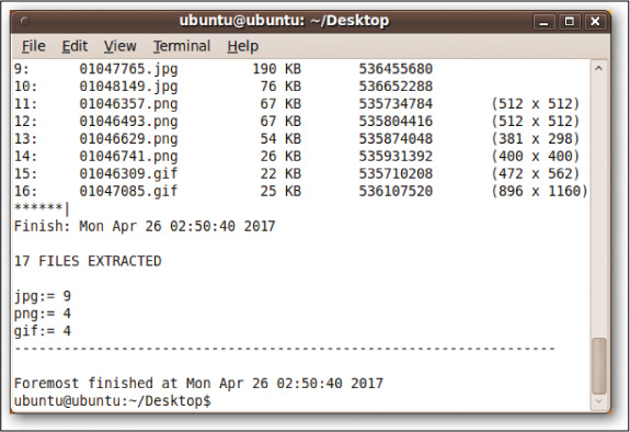 A screenshot of a portion of the terminal of an Ubuntu system that displays the continuation of the "foremost" results.