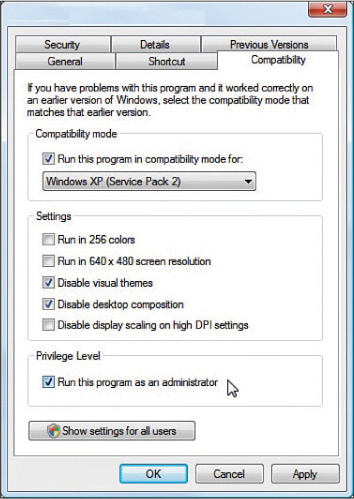 A screenshot of the properties window of an executable file with the Compatibility tab selected.