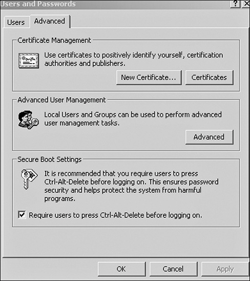 A screenshot of users and passwords dialog box is shown.