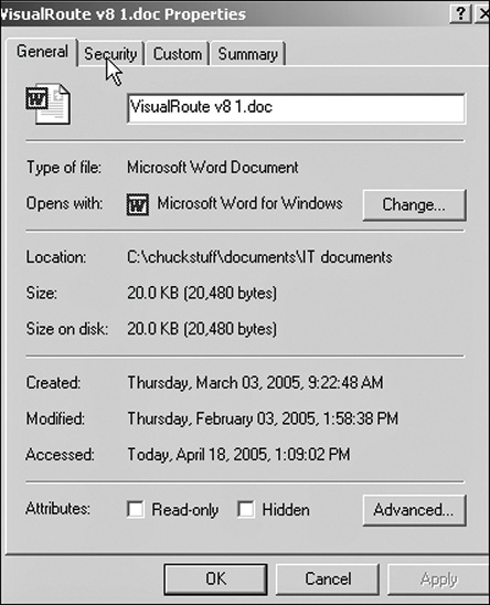 A screenshot of a VisualRoute v8 1.doc properties dialog box is shown.