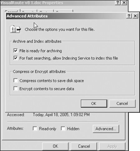 A screenshot of an advanced attributes dialog box overlapping the VisualRoute v8 1.doc properties dialog box is shown.