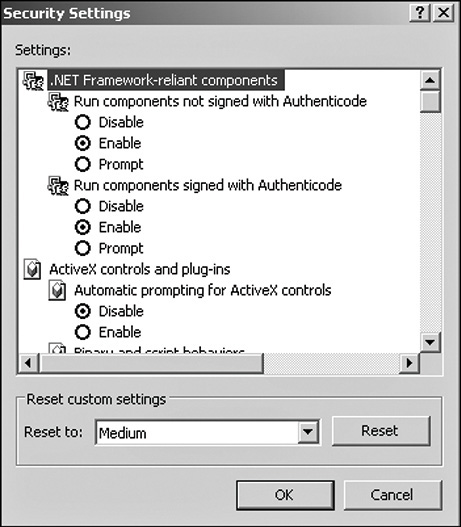 A screenshot of a security settings dialog box is shown.