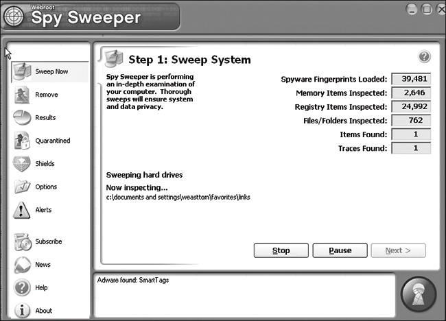 A screenshot of a Spy Sweeper sweeping process screen is shown.