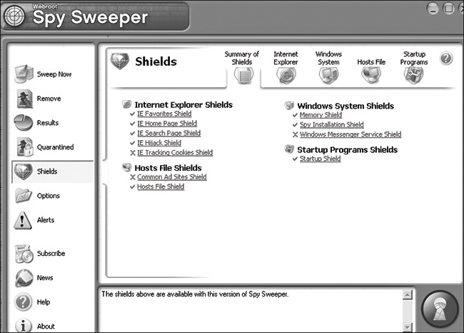 A screenshot of a Spy Sweeper shields screen is shown.