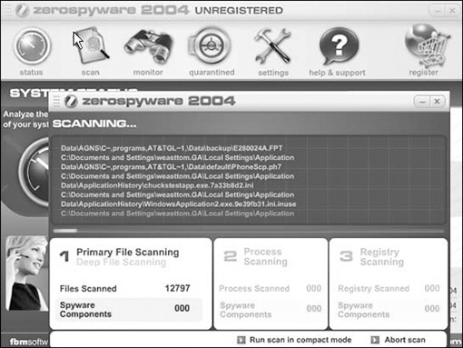 A screenshot of a Zerospyware 2004 screen overlapping the Zerospyware 2004, unregistered screen is shown.