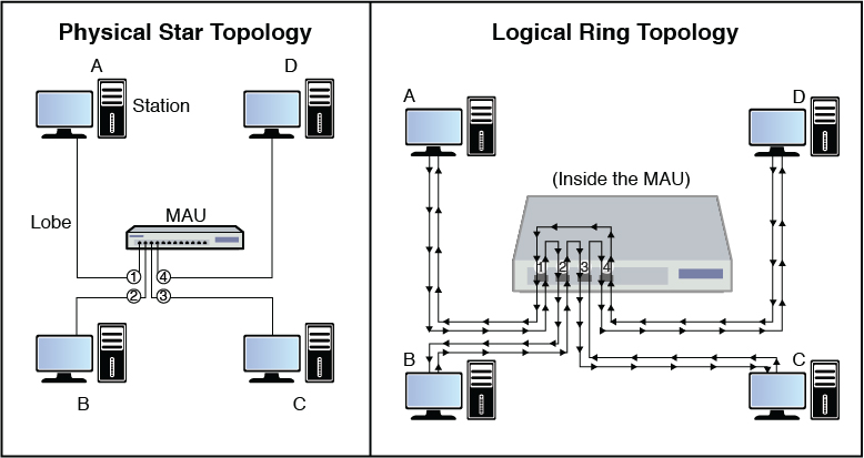 A figure shows the physical star topology and logical ring topology.