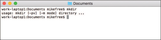 A screenshot shows a command executed without the required arguments. The command reads, mkdir and its output reads, usage: mkdir [-pv] [-m mode] directory.